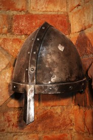 Medieval sculptures and helmets